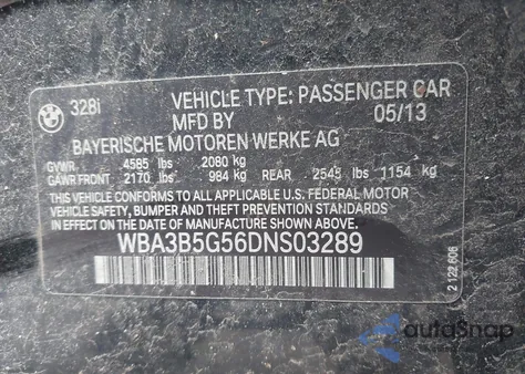 2013 BMW 328I xDrive from USA, damaged, VIN WBA3B5G56DNS03289